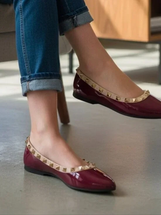 Studded Burgundy Patent Leather Flats With Pointed Toe & Quilted Insole - Picture 2 of 12